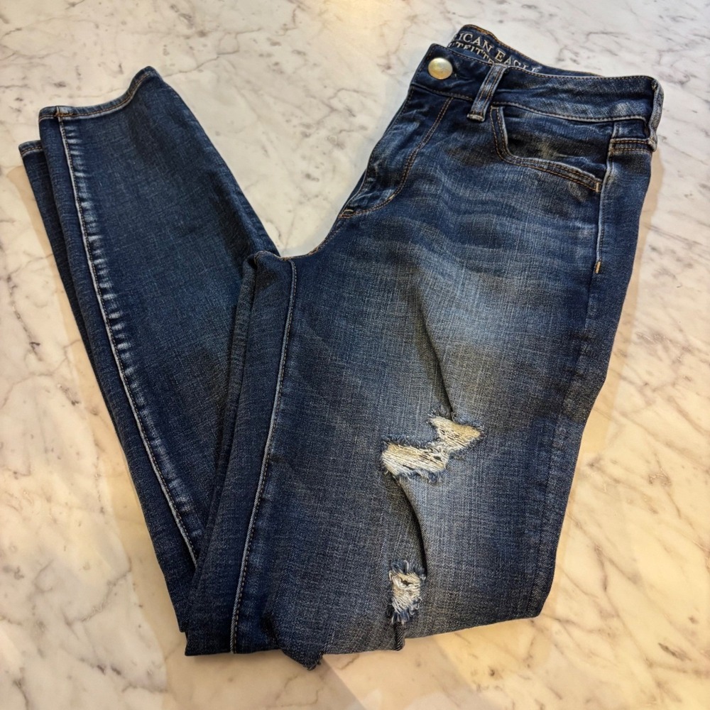American Eagle High Rise Jegging 8 Distressed Dark Wash 360 Super Stretch Jeans